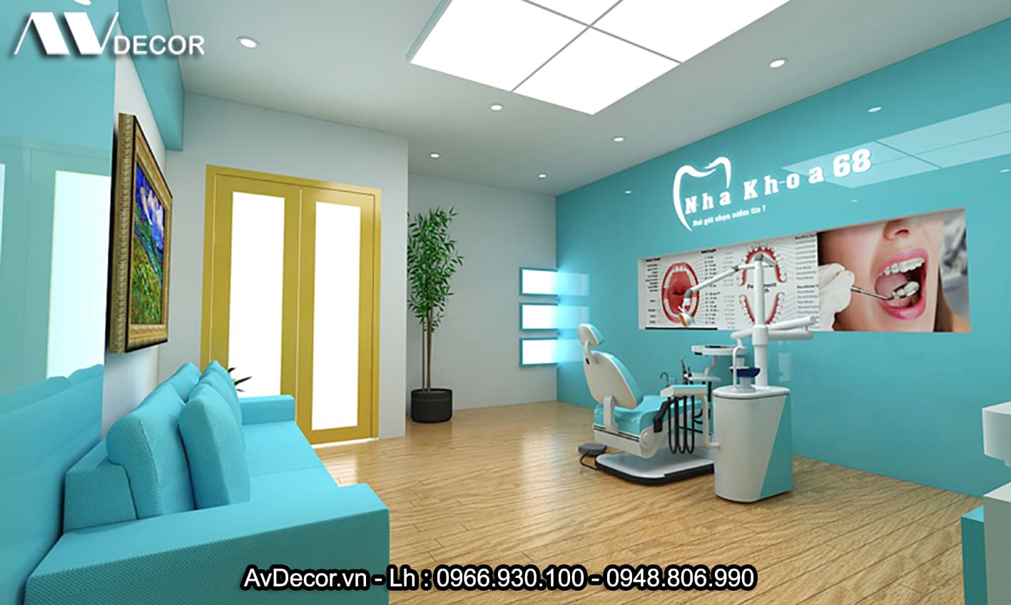 Thiết kế phòng khám nha khoa theo phong cách hiện đại với tone màu xanh trắng đơn giản
