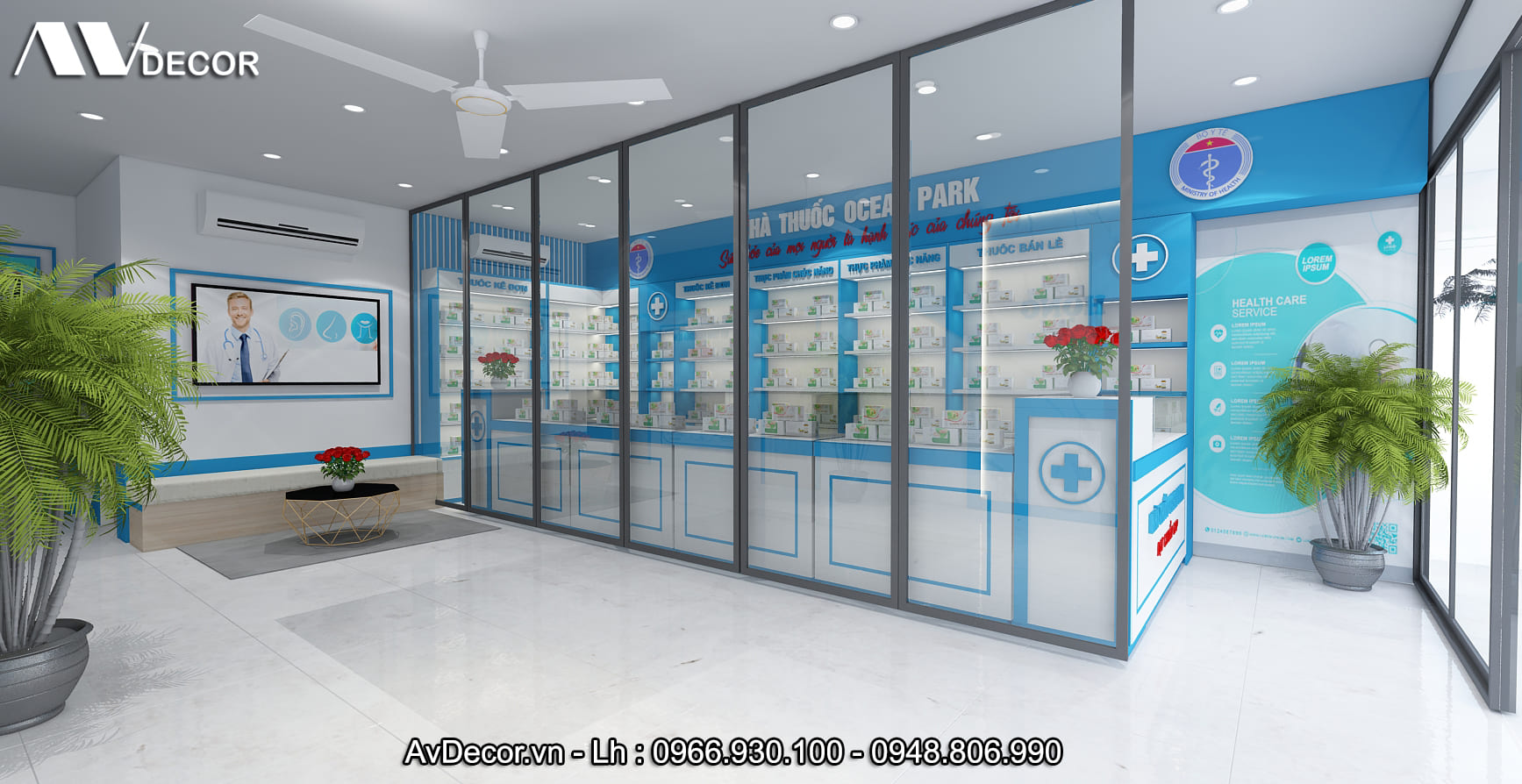 Thiết kế ngăn cửa kính giữa 2 khu vực phòng khám và nhà thuốc